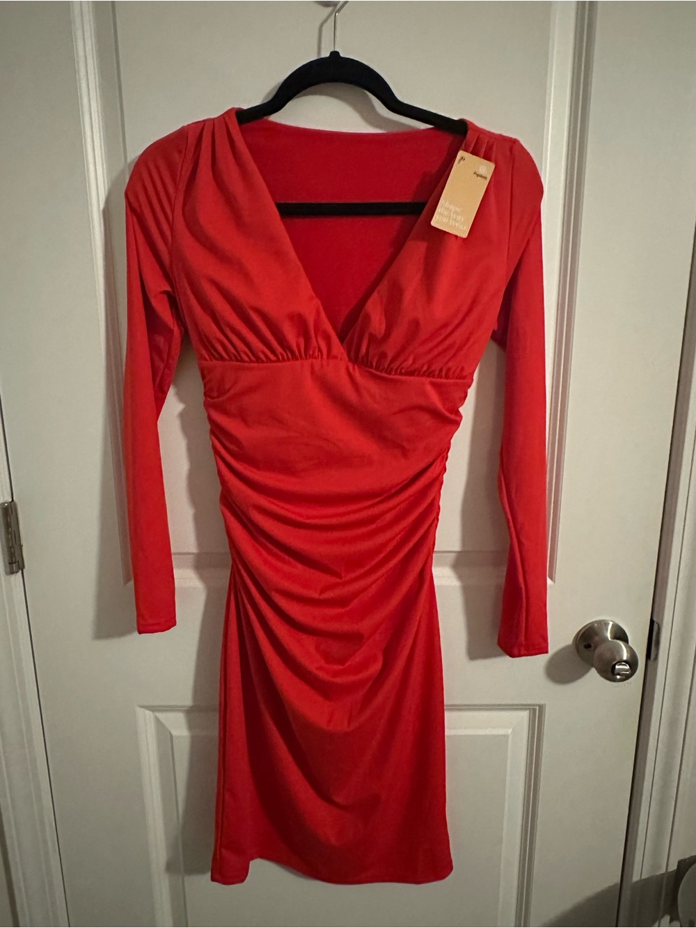 Women’s Popilush Red Long-Sleeve V-Neck Ruched Dress